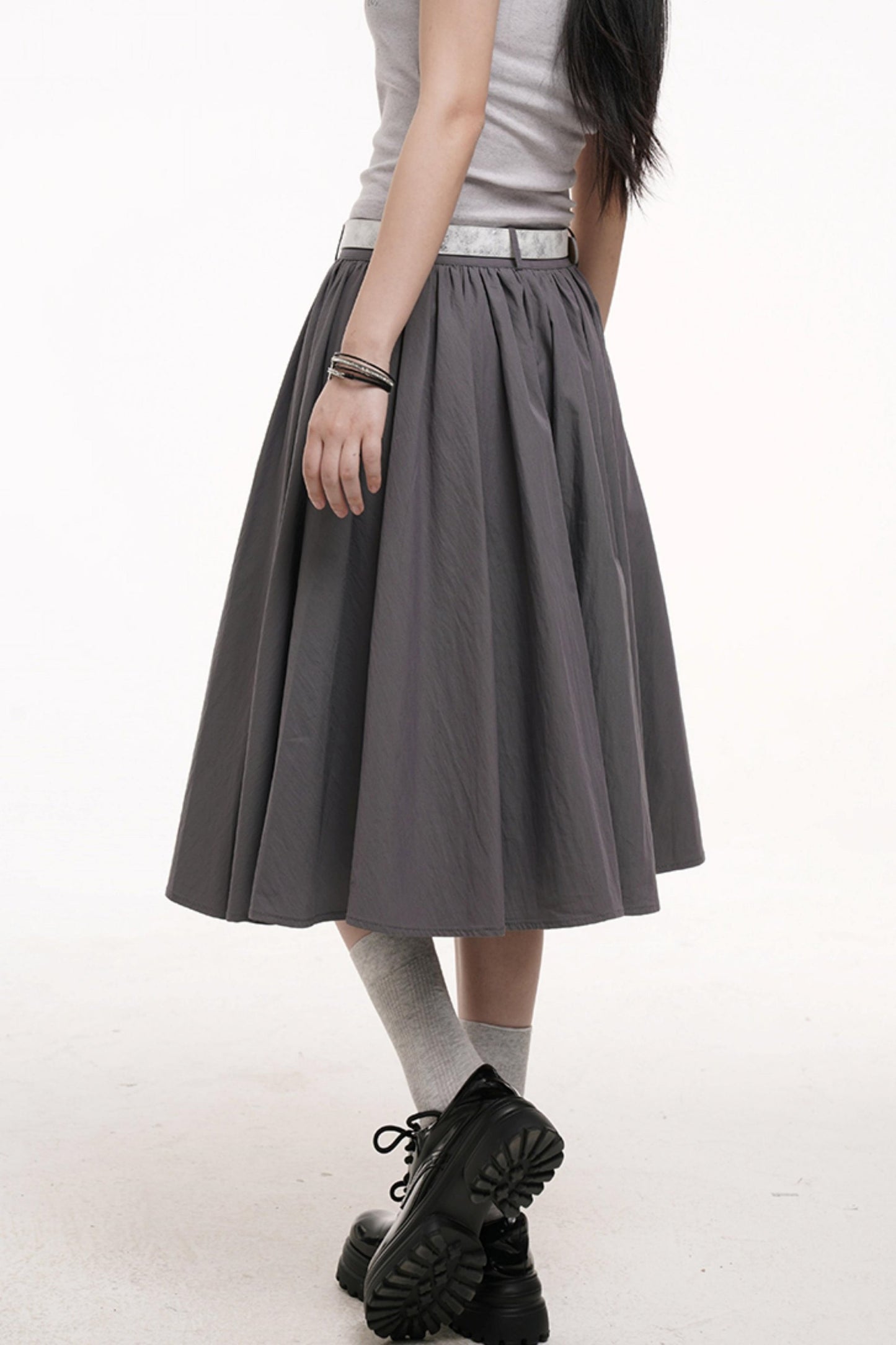 Gray Pleated Midi Skirt