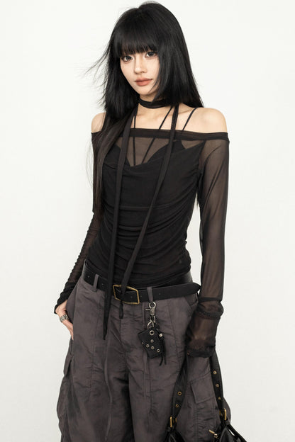 Sleek One-Shoulder Mesh Cover-Up Blouse