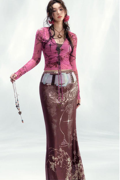 Star Mesh Cardigan With Long Skirt Set-Up