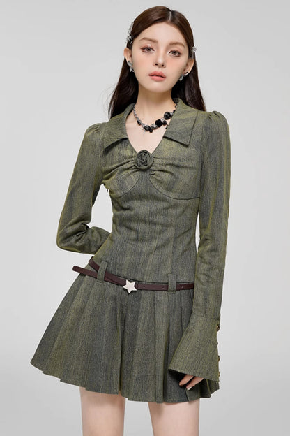 Long Sleeve Rose Print Pleated Dress