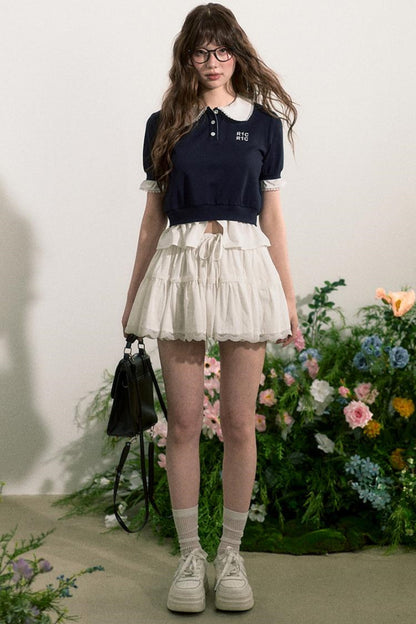 Lace Edge Doll Neck T-Shirt