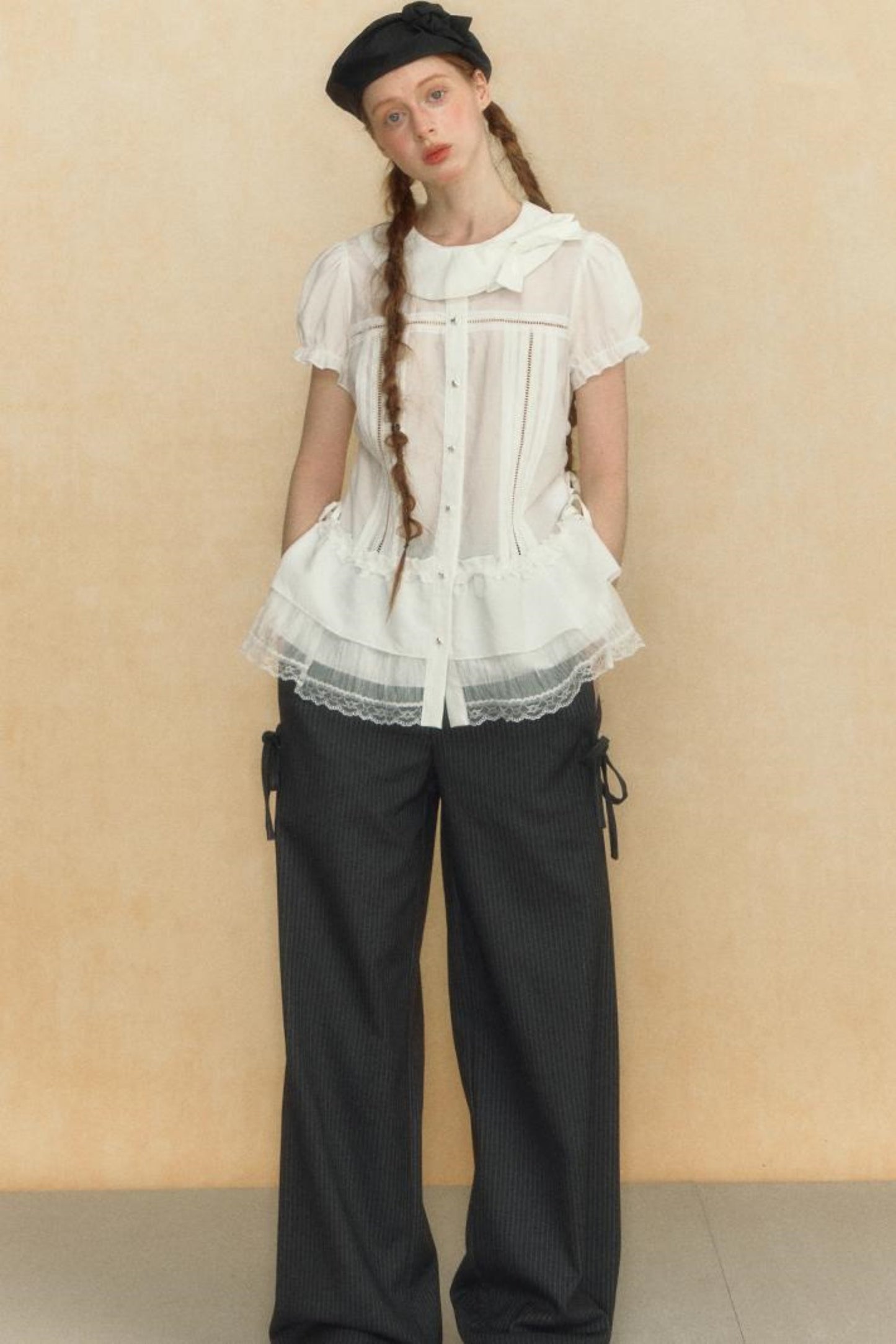 Chic Beige Stripe Lace Puff Sleeve Shirt