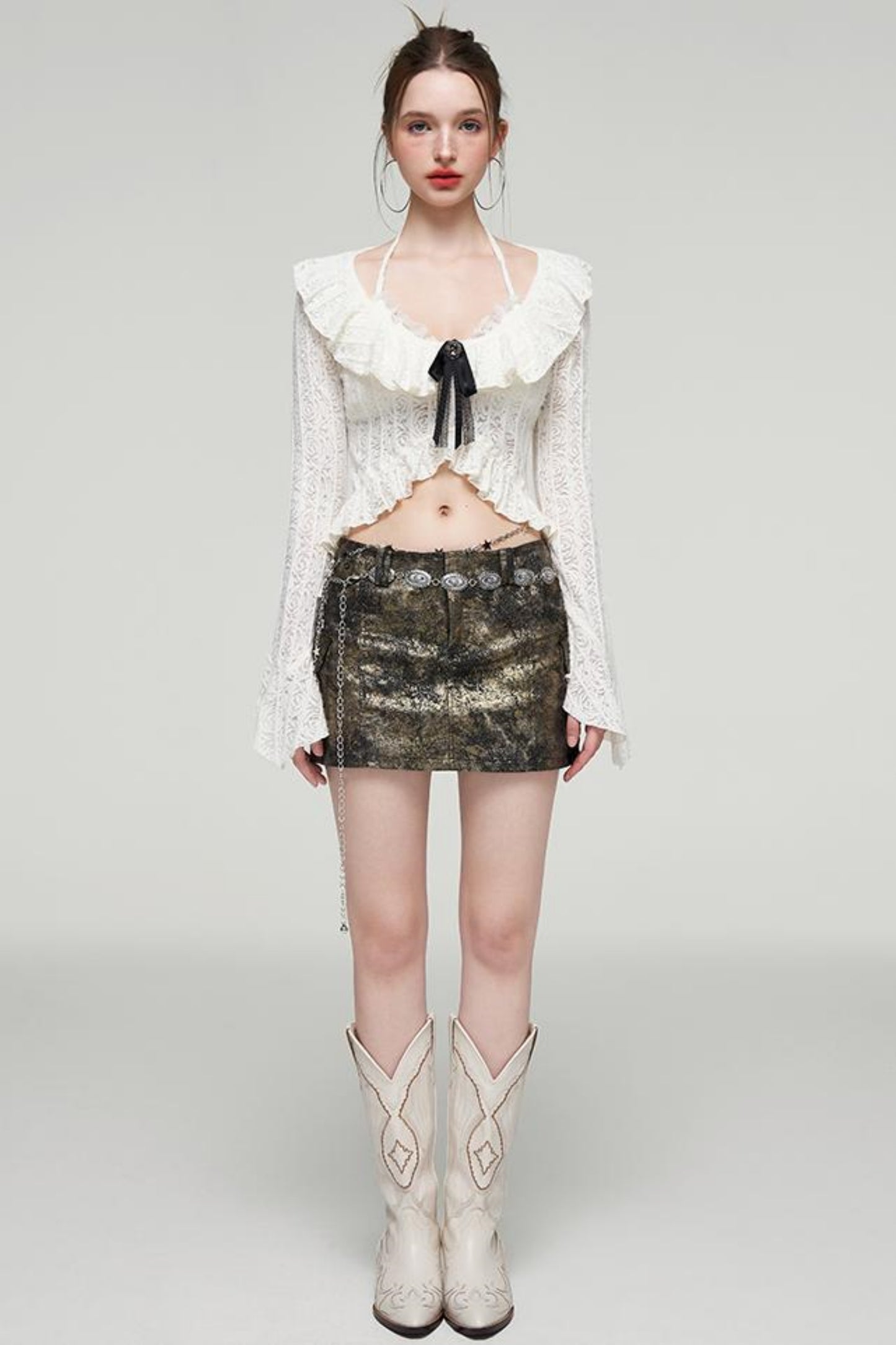 Ruffled Lace Bow Bell Sleeve Top