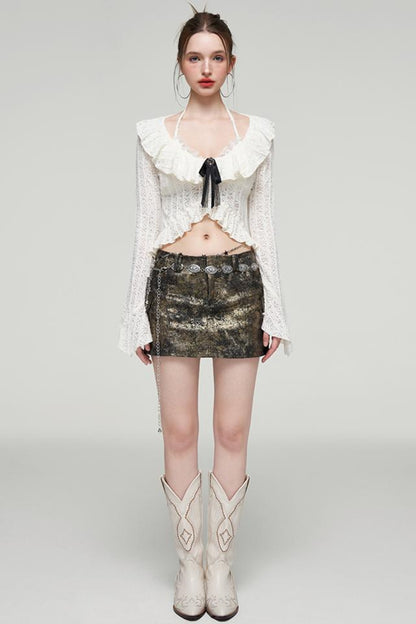 Ruffled Lace Bow Bell Sleeve Top