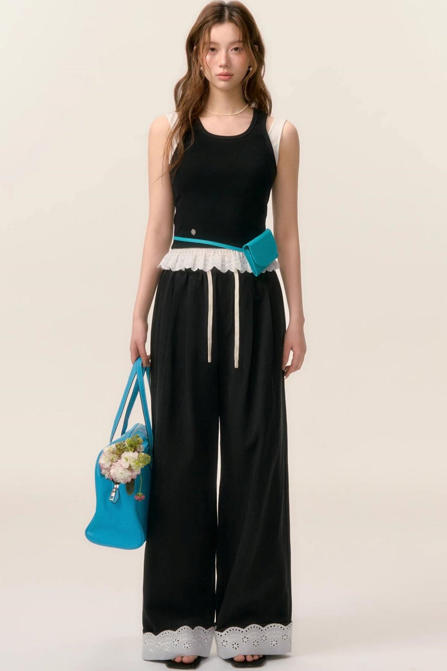 Lace-Trimmed Wide Leg Pants
