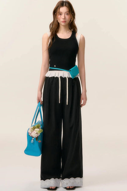 Lace-Trimmed Wide Leg Pants