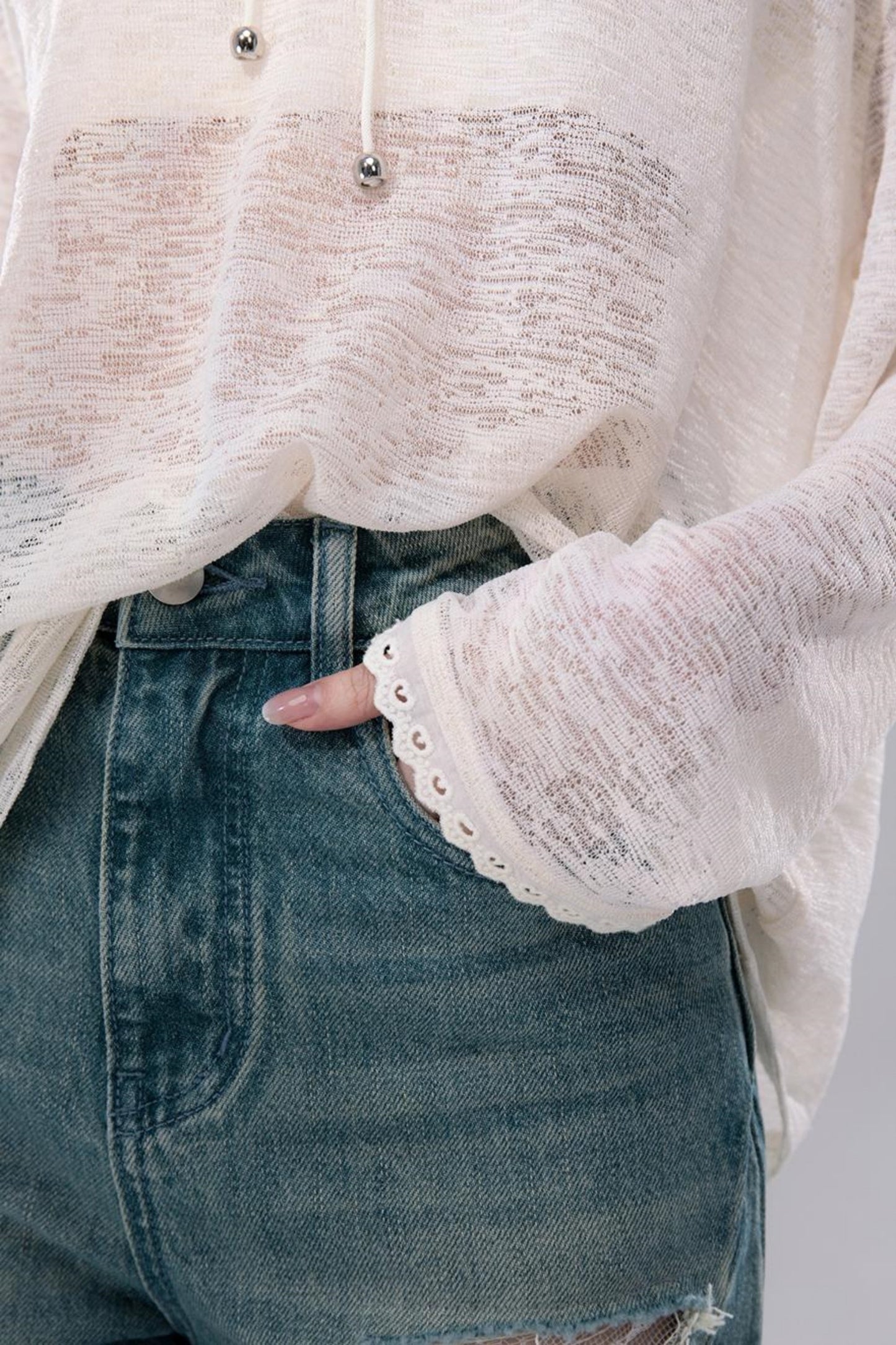 Sheer Lace Hoodie Knit Blouse Skirt Set