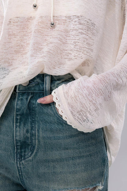 Sheer Lace Hoodie Knit Blouse Skirt Set