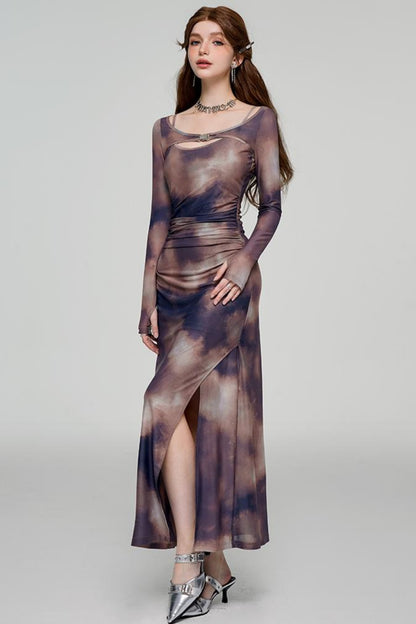 Tie-Dye U-Neck Long Sleeve Slim Dress Set