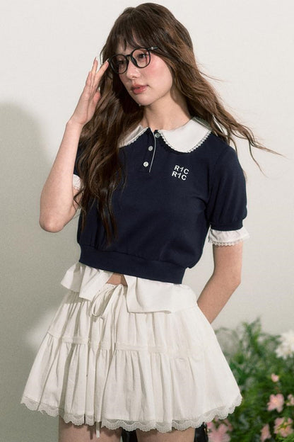 Lace Edge Doll Neck T-Shirt