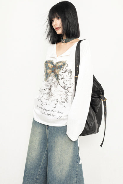 Butterfly Embroidered Retro Loose Tee