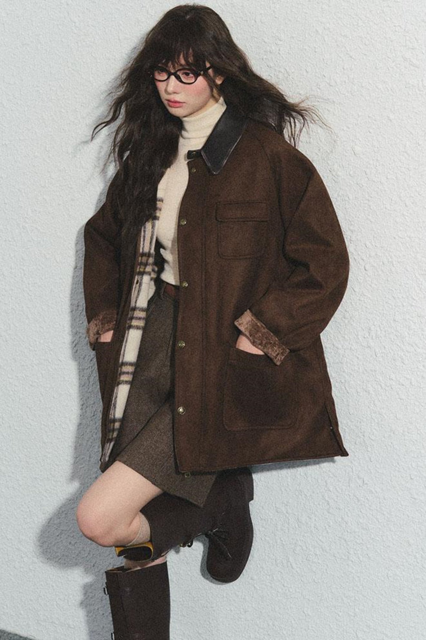 Brown Herringbone High-Waisted Trousers