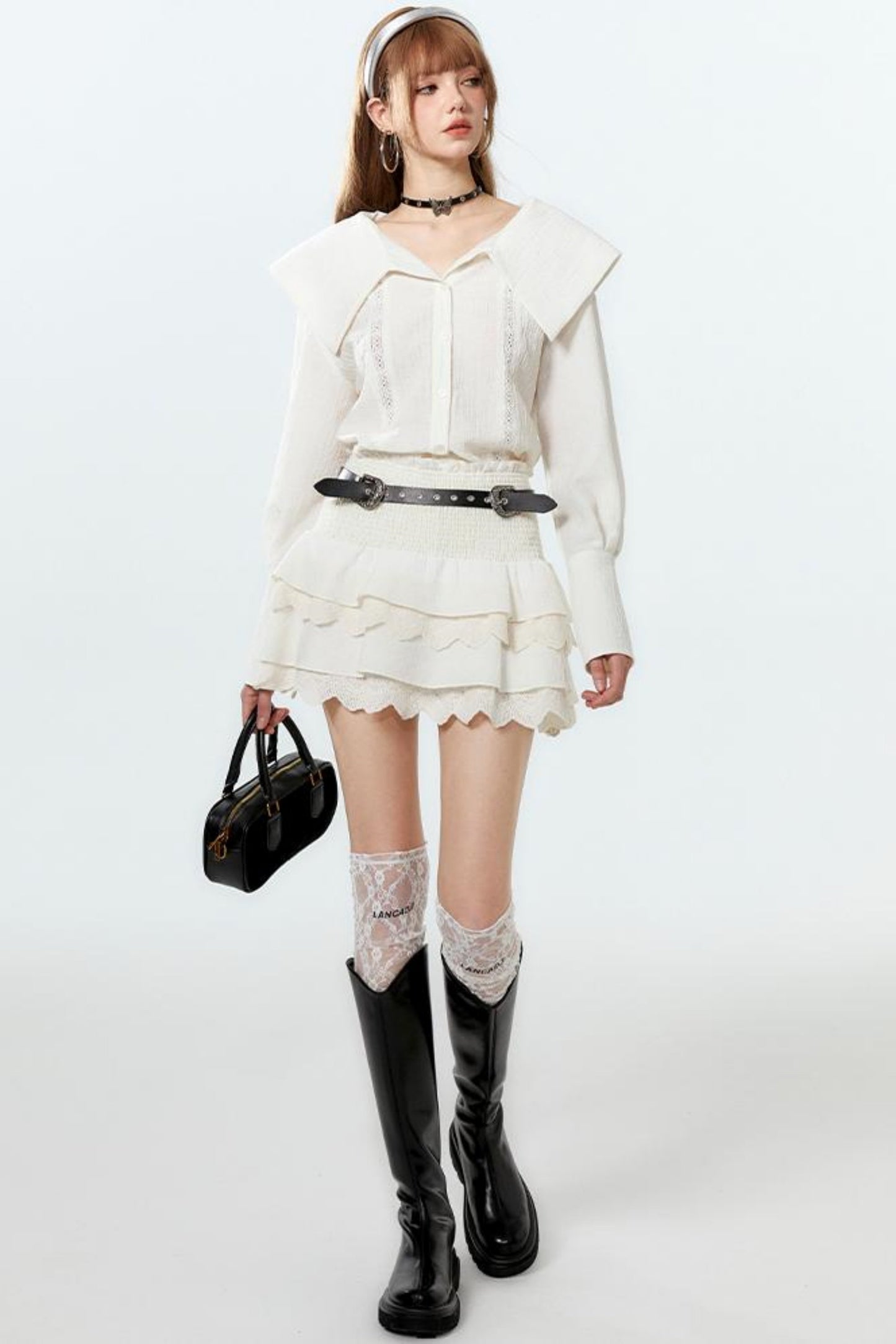 Sheer Lace Big-Collar Mint Blouse