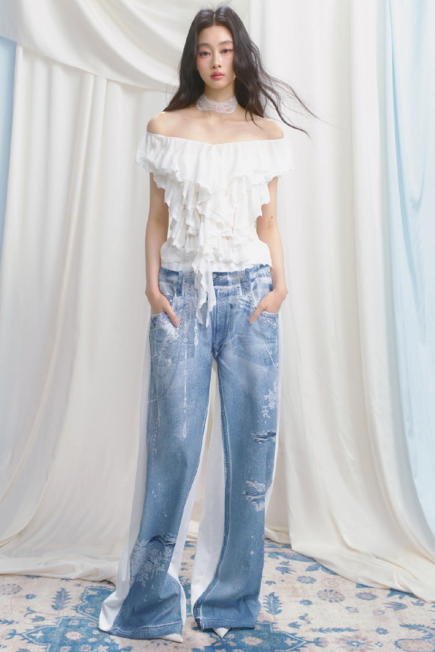 Blue Island White Denim Patch Sweatpants