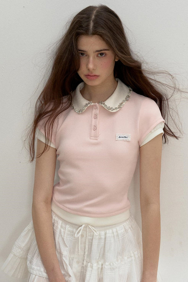 Pink Rhinestone Polo Tee