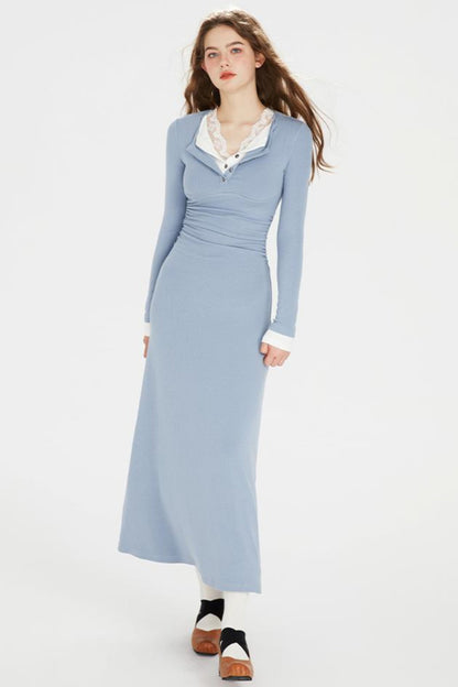 Sapphire Blue Lace Lapel Dress