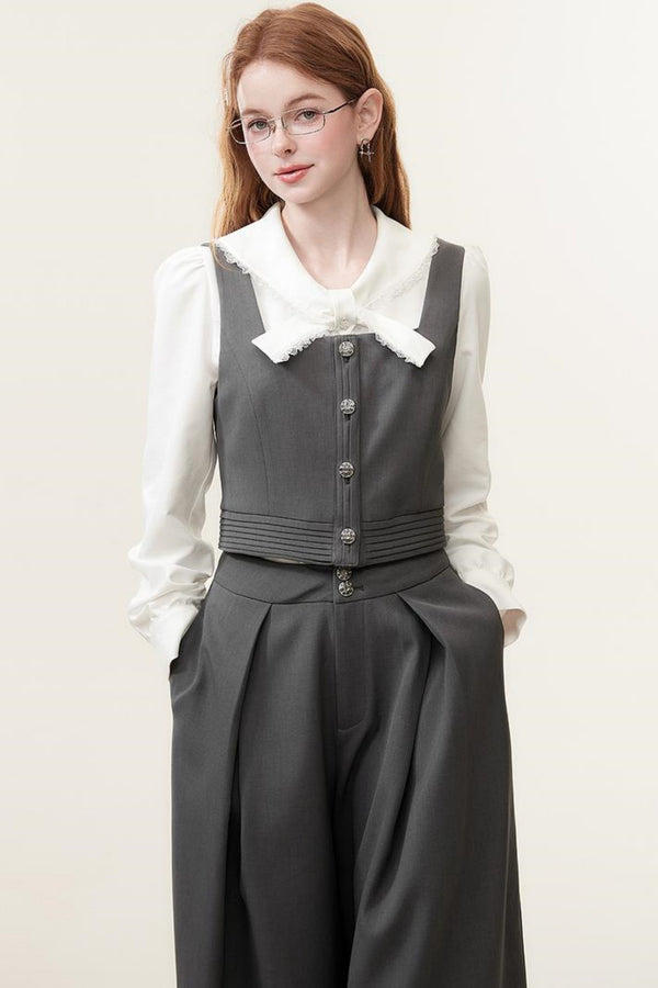 Chic Gray Vest & Wide-Leg Pants Set-Up