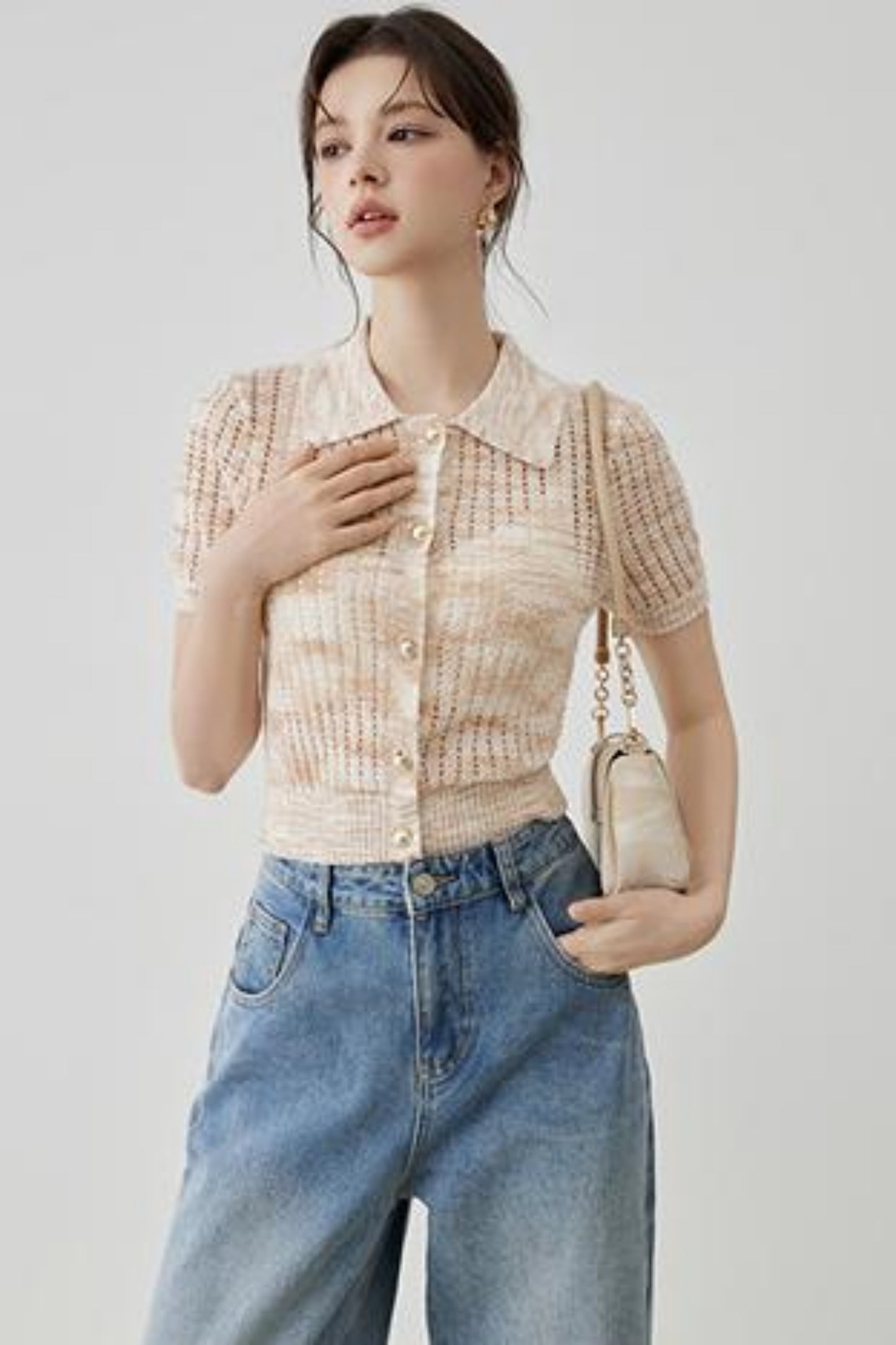 Elegant Polo Collar Short Sleeve Knit