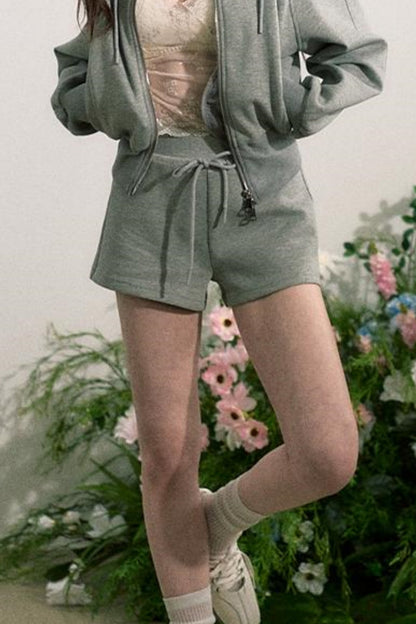 Zip-Up Sweater Jacket With Shorts Set-Up
