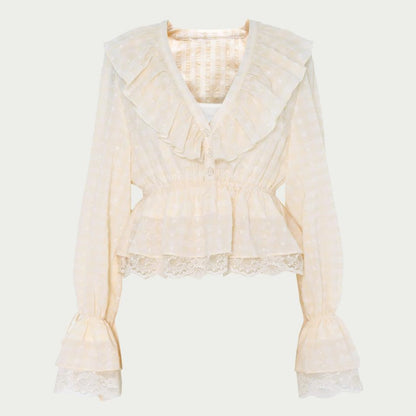 V-Neck Lace Ruffle Blouse
