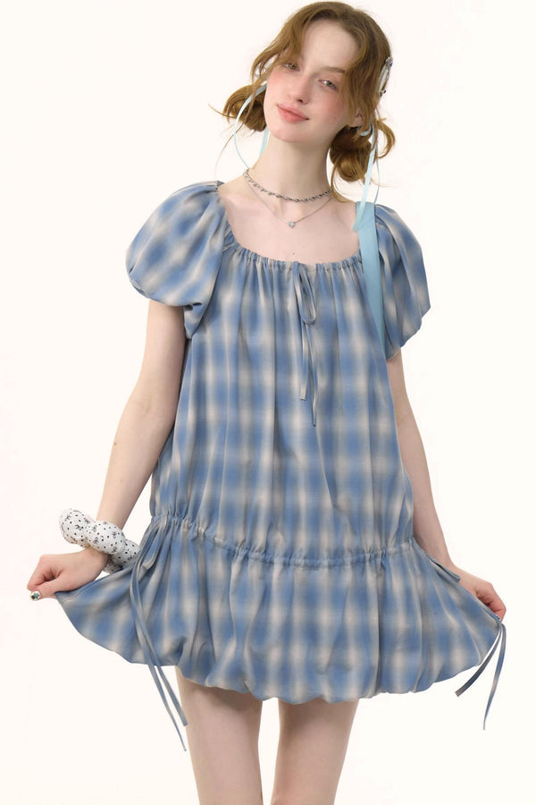 Blue Check Puff Sleeve Dress