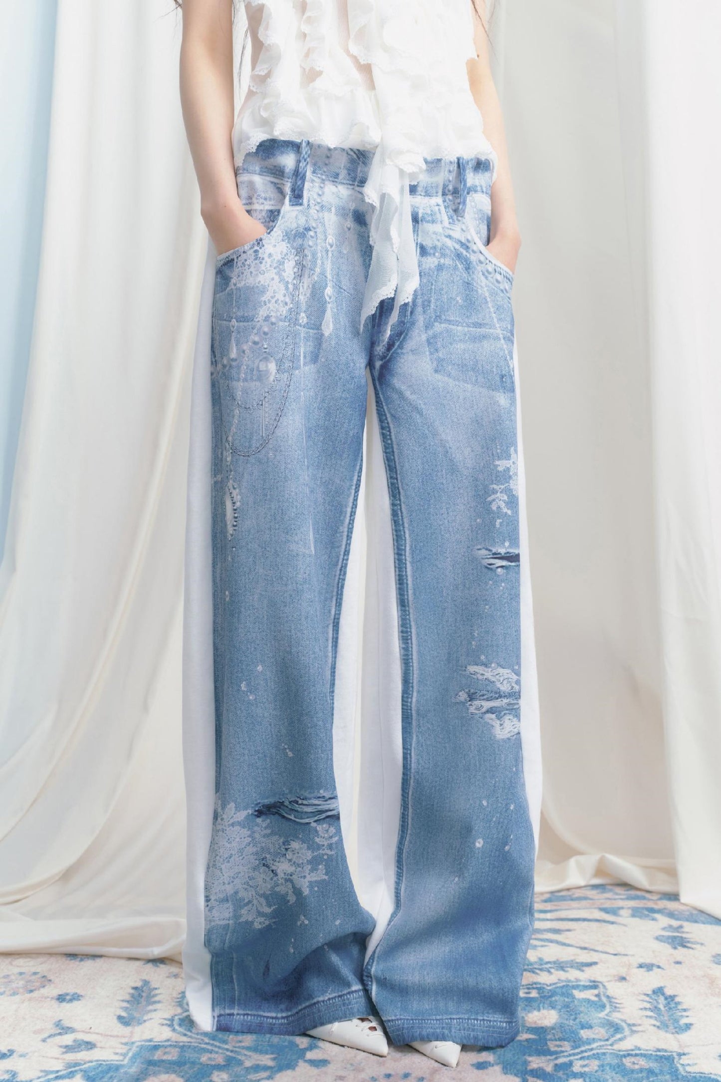 Blue Island White Denim Patch Sweatpants