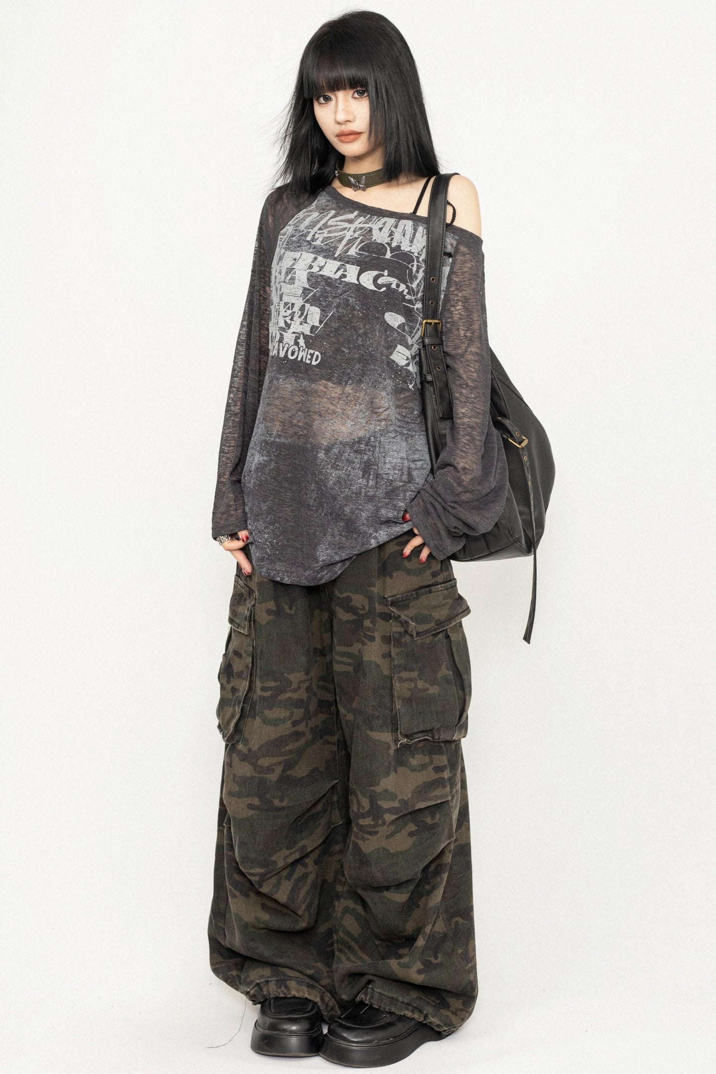 Sheer Design Shoulder Strap T-Shirt