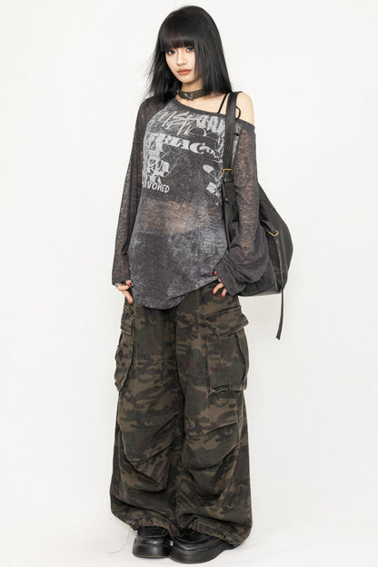 Sheer Design Shoulder Strap T-Shirt