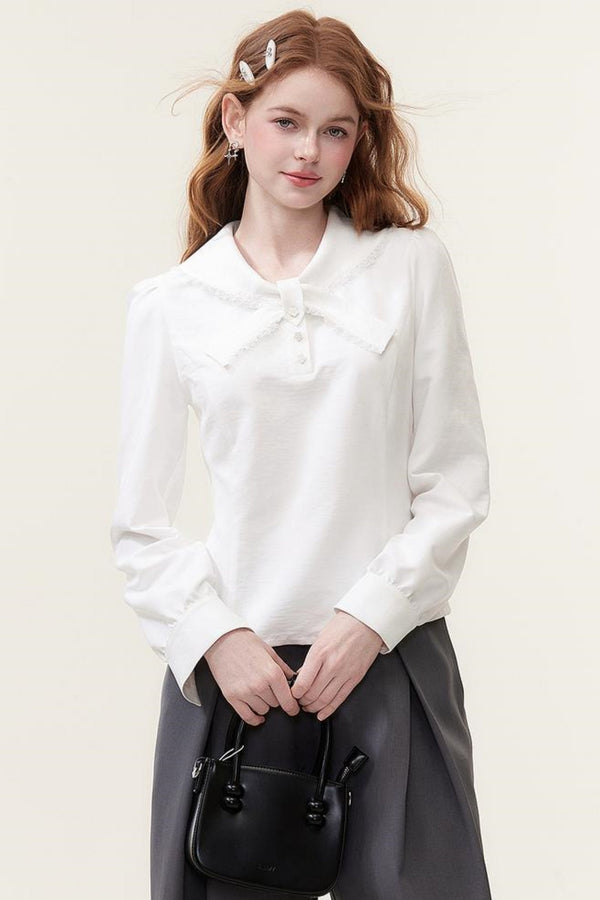 Lace-Trimmed Bow Tie Blouse Shirt