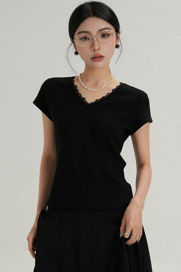 V-Neck Lace Trim T-Shirt