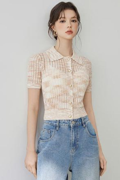 Elegant Polo Collar Short Sleeve Knit