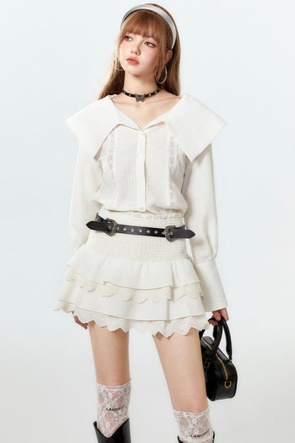 Sheer Lace Big-Collar Mint Blouse