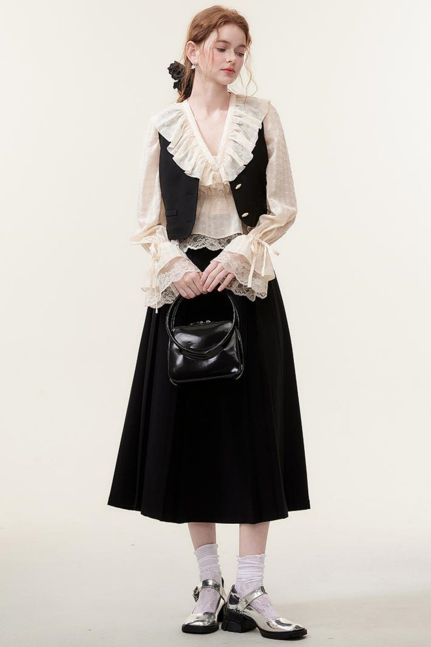 V-Neck Lace Ruffle Blouse