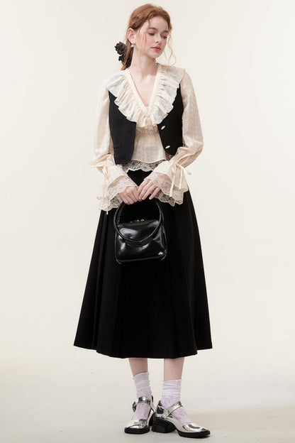 V-Neck Lace Ruffle Blouse