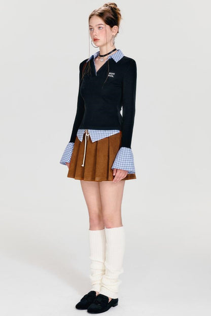 Plaid Splice Polo Top