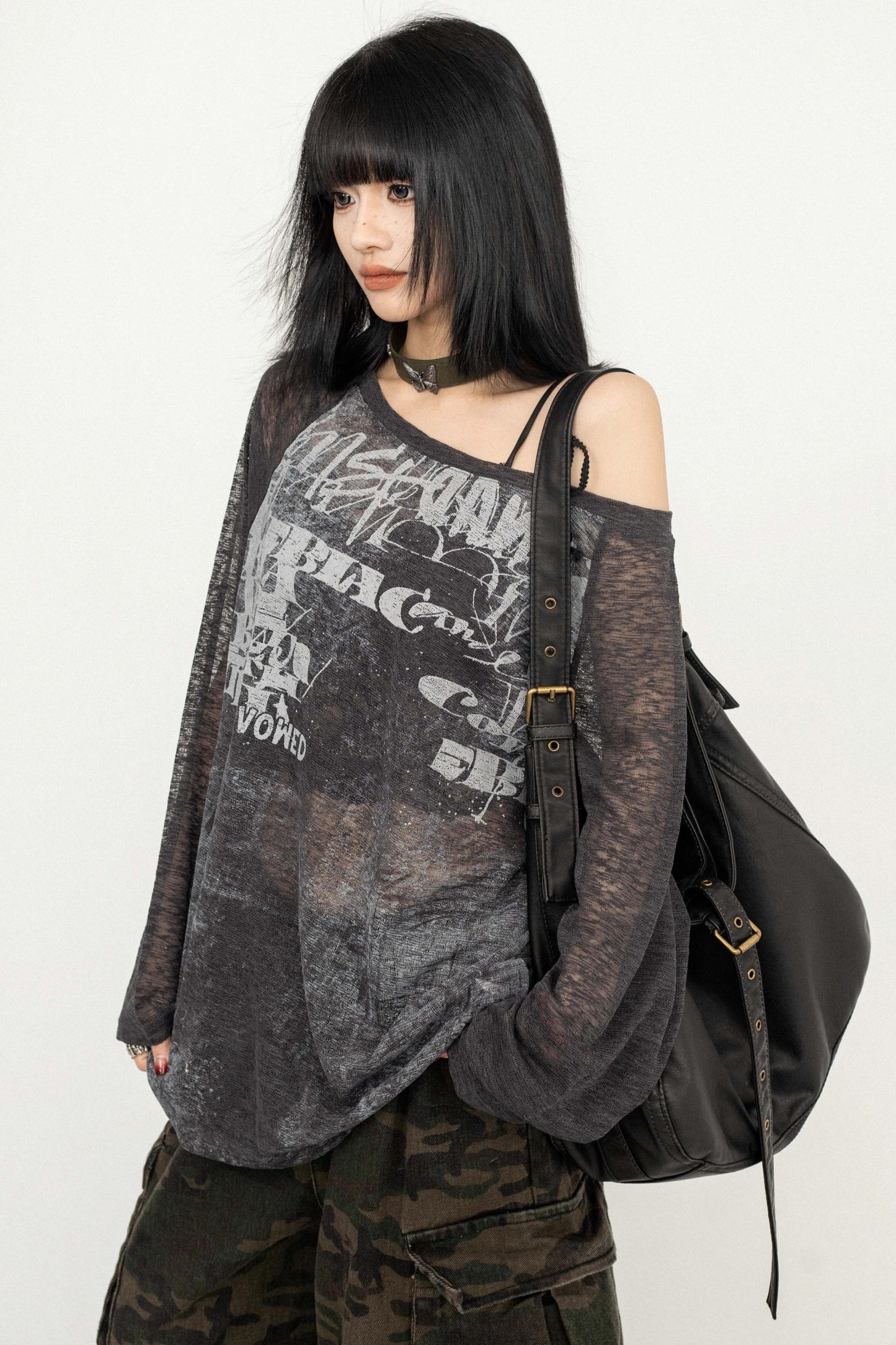 Sheer Design Shoulder Strap T-Shirt