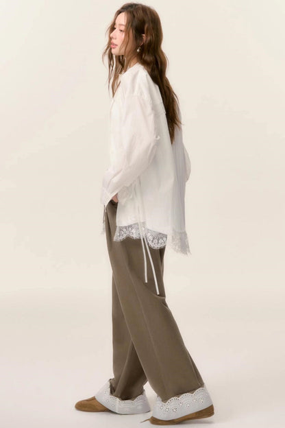Lace-Trimmed Wide Leg Pants