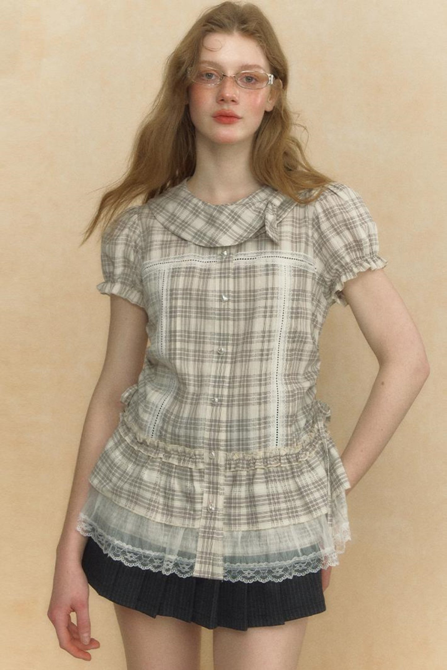Chic Beige Stripe Lace Puff Sleeve Shirt