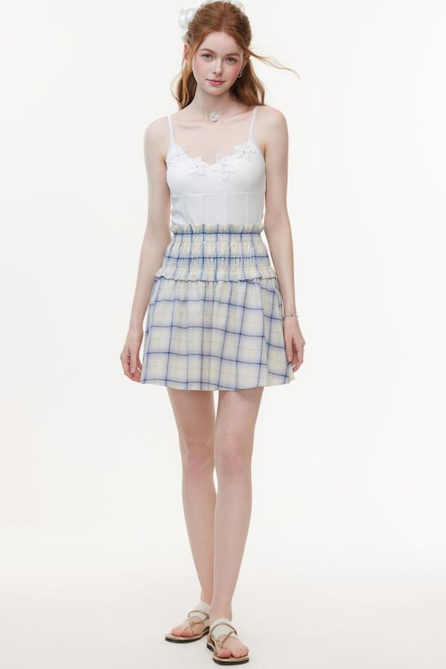 One-Shoulder Smocked Check Blouse