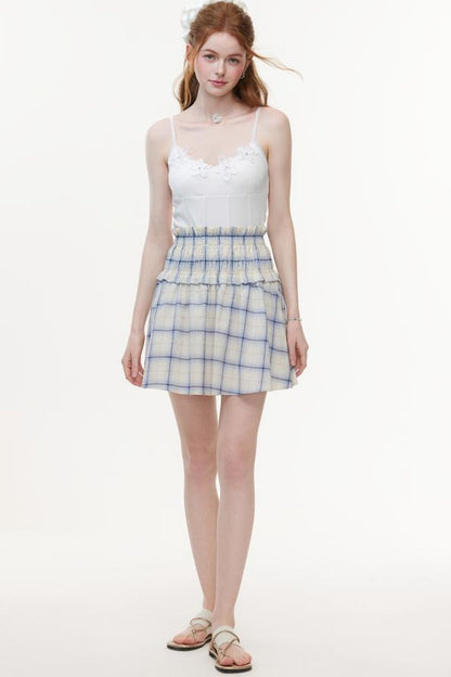 One-Shoulder Smocked Check Blouse