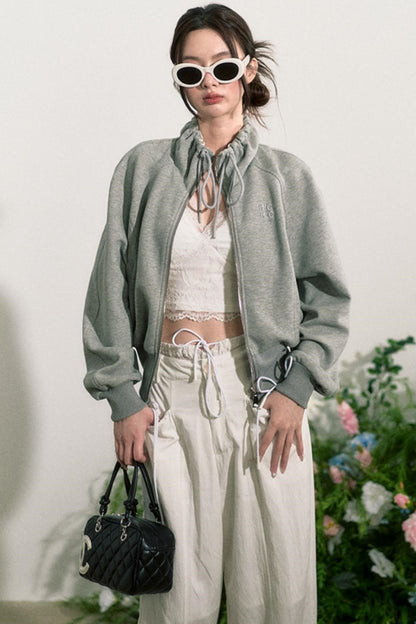 Zip-Up Sweater Jacket With Shorts Set-Up