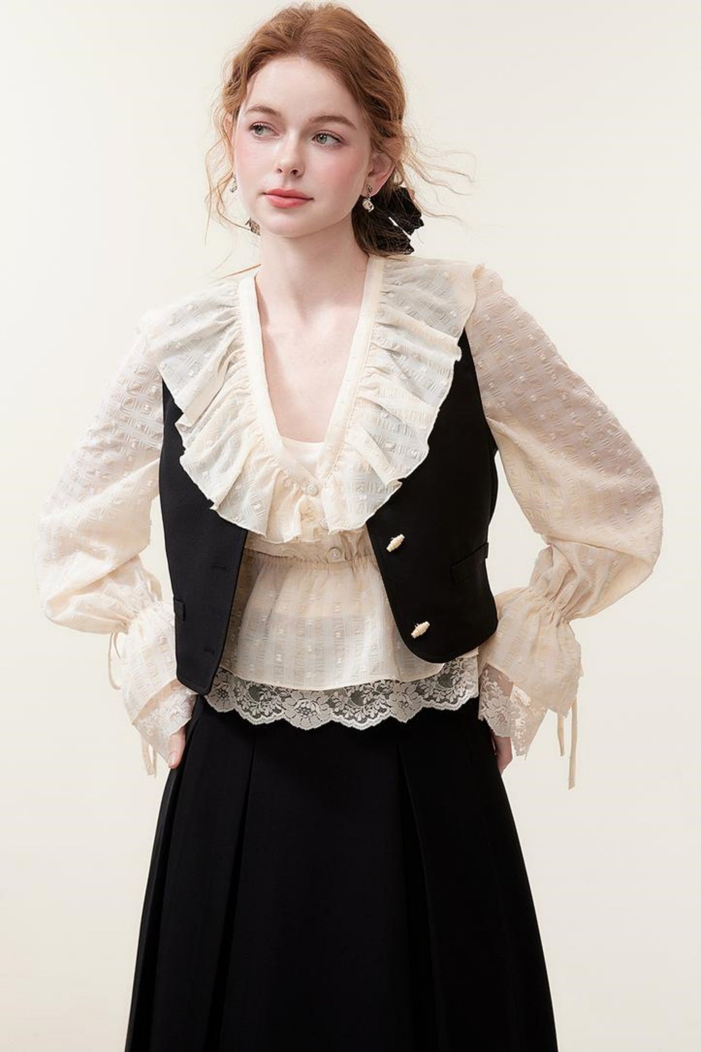 V-Neck Lace Ruffle Blouse