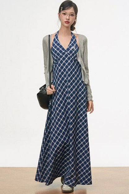 Retro Plaid Halter Dress With Smock Set-Up