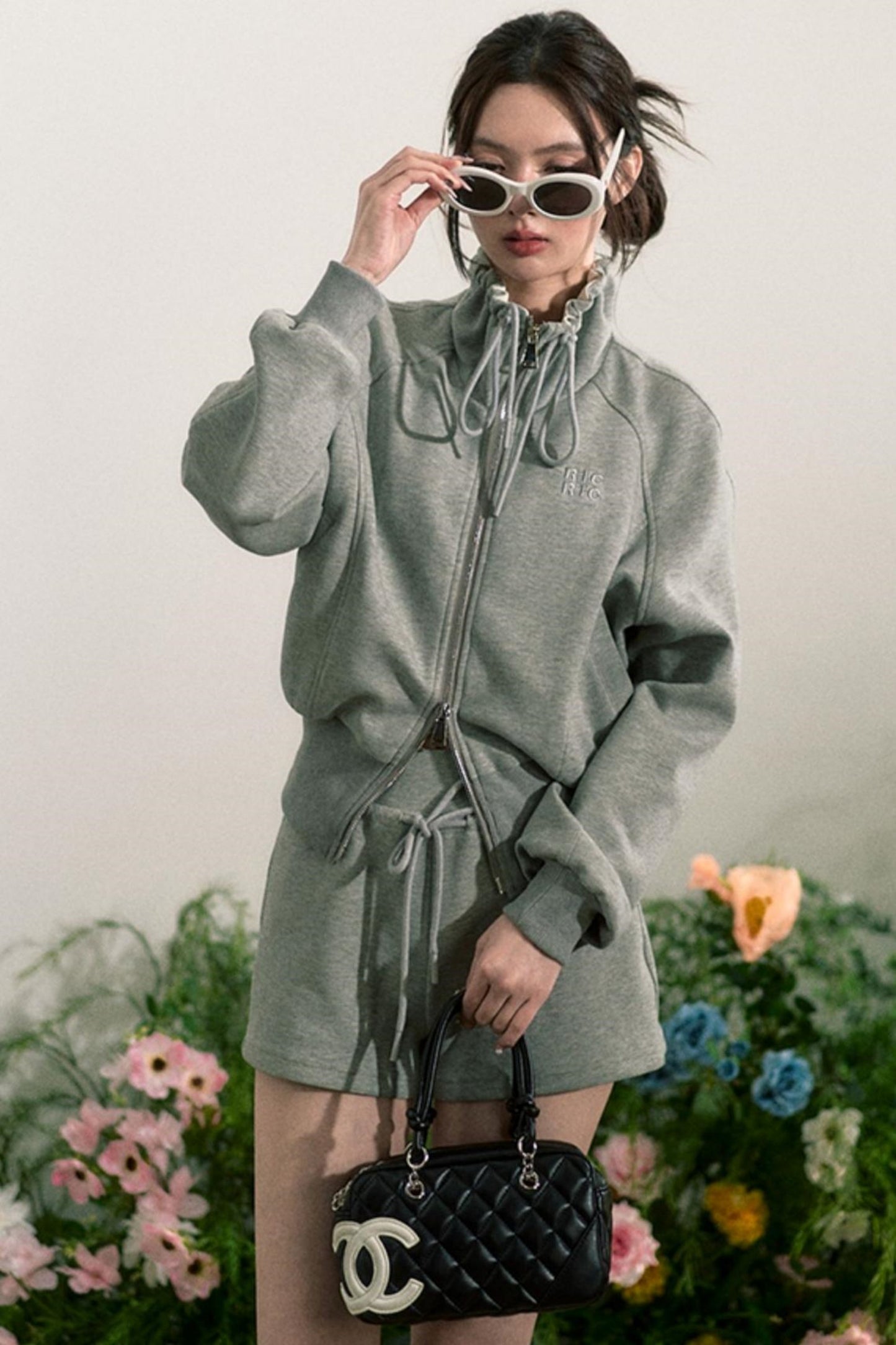 Zip-Up Sweater Jacket With Shorts Set-Up