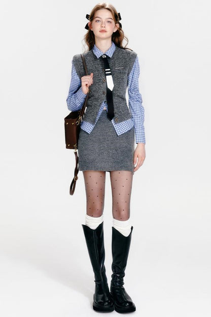 Chic Knit Vest & Skirt Set-Up
