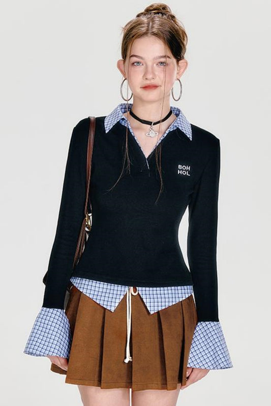 Plaid Splice Polo Top