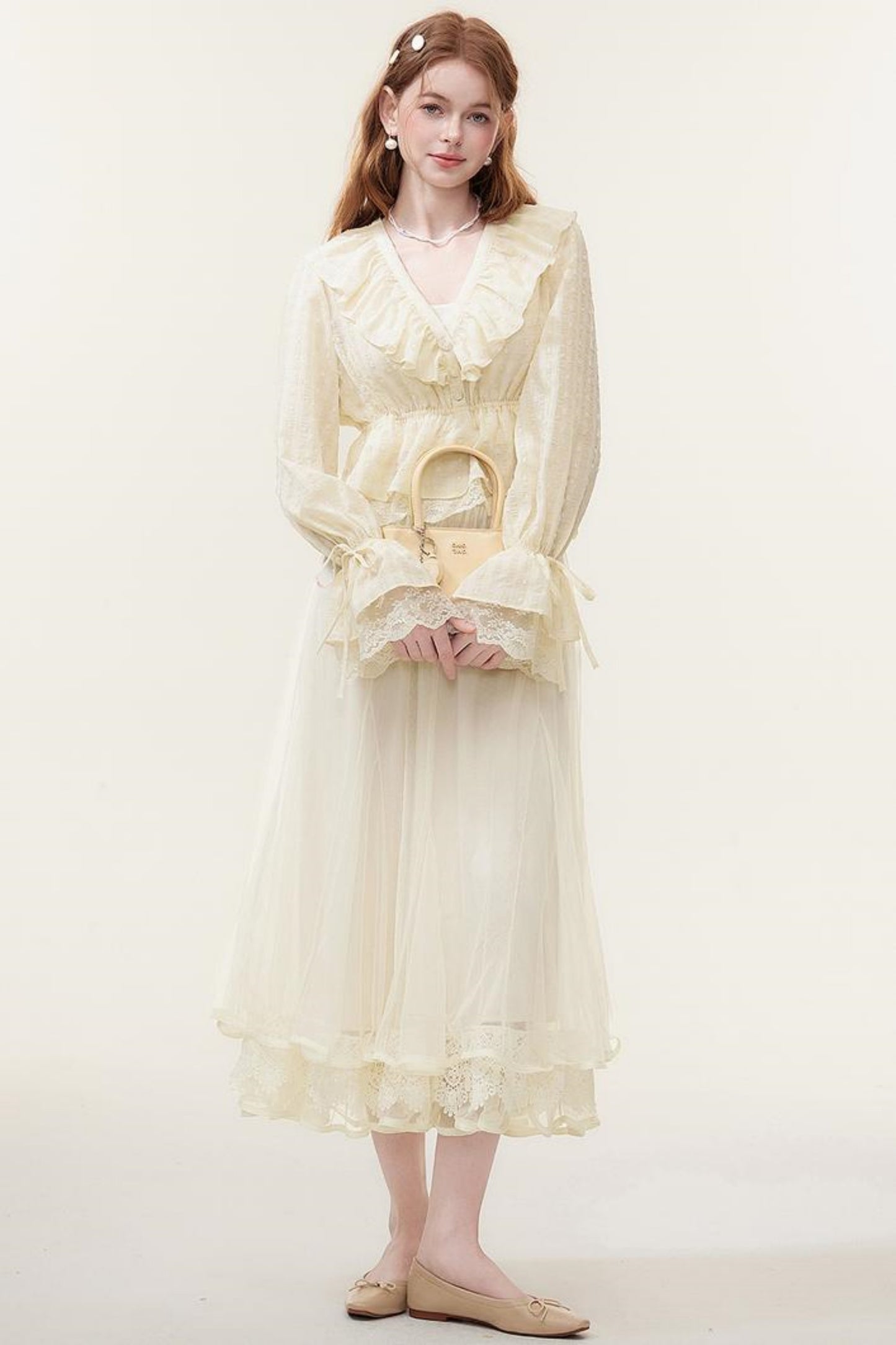 V-Neck Lace Ruffle Blouse