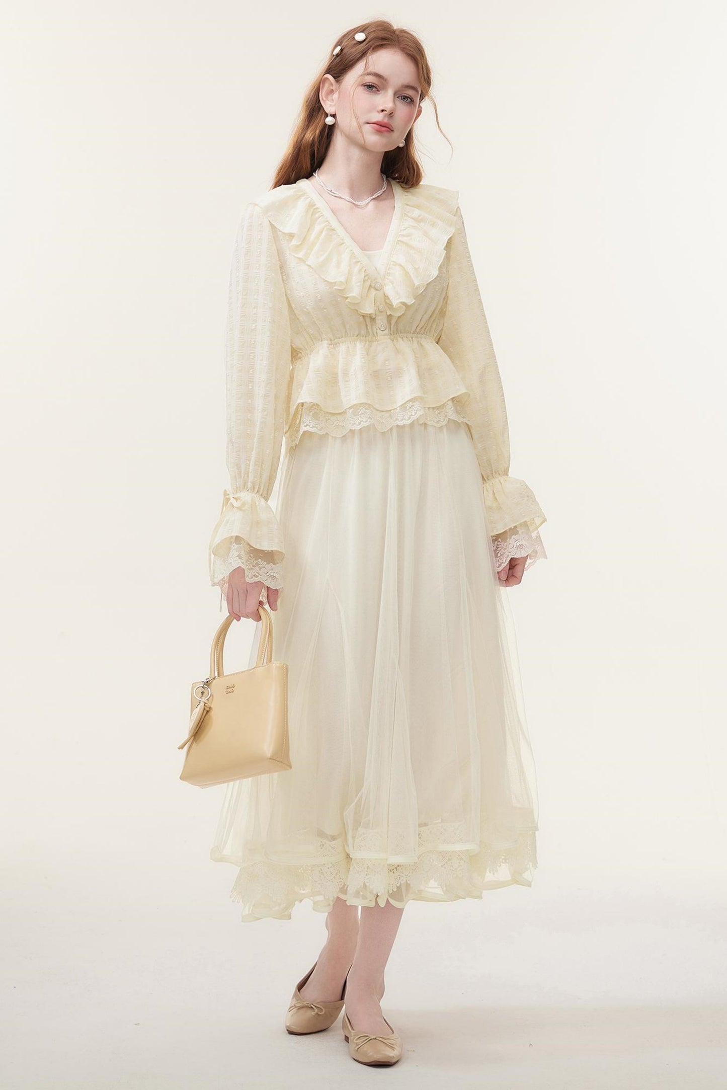 V-Neck Lace Ruffle Blouse