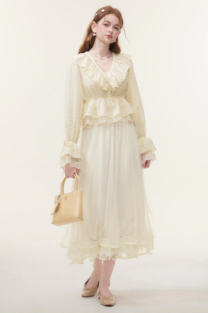 V-Neck Lace Ruffle Blouse