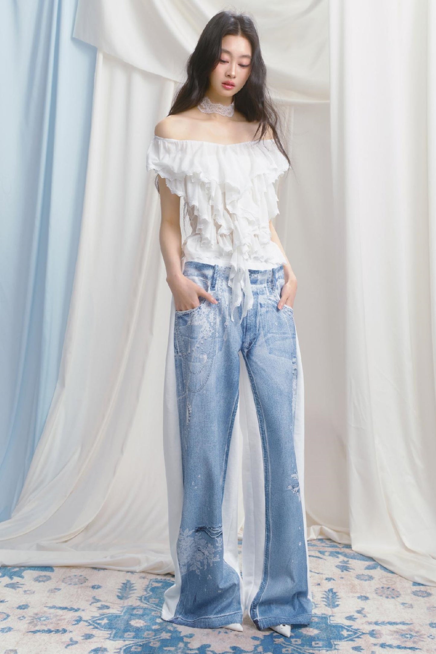 Blue Island White Denim Patch Sweatpants